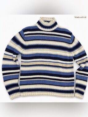 Northern Reflections Vintage Striped Turtleneck Sweater Blue Cream Navy M